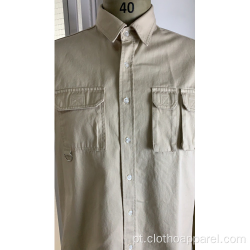 Camisa de manga curta lisa masculina de algodão puro com bolso duplo